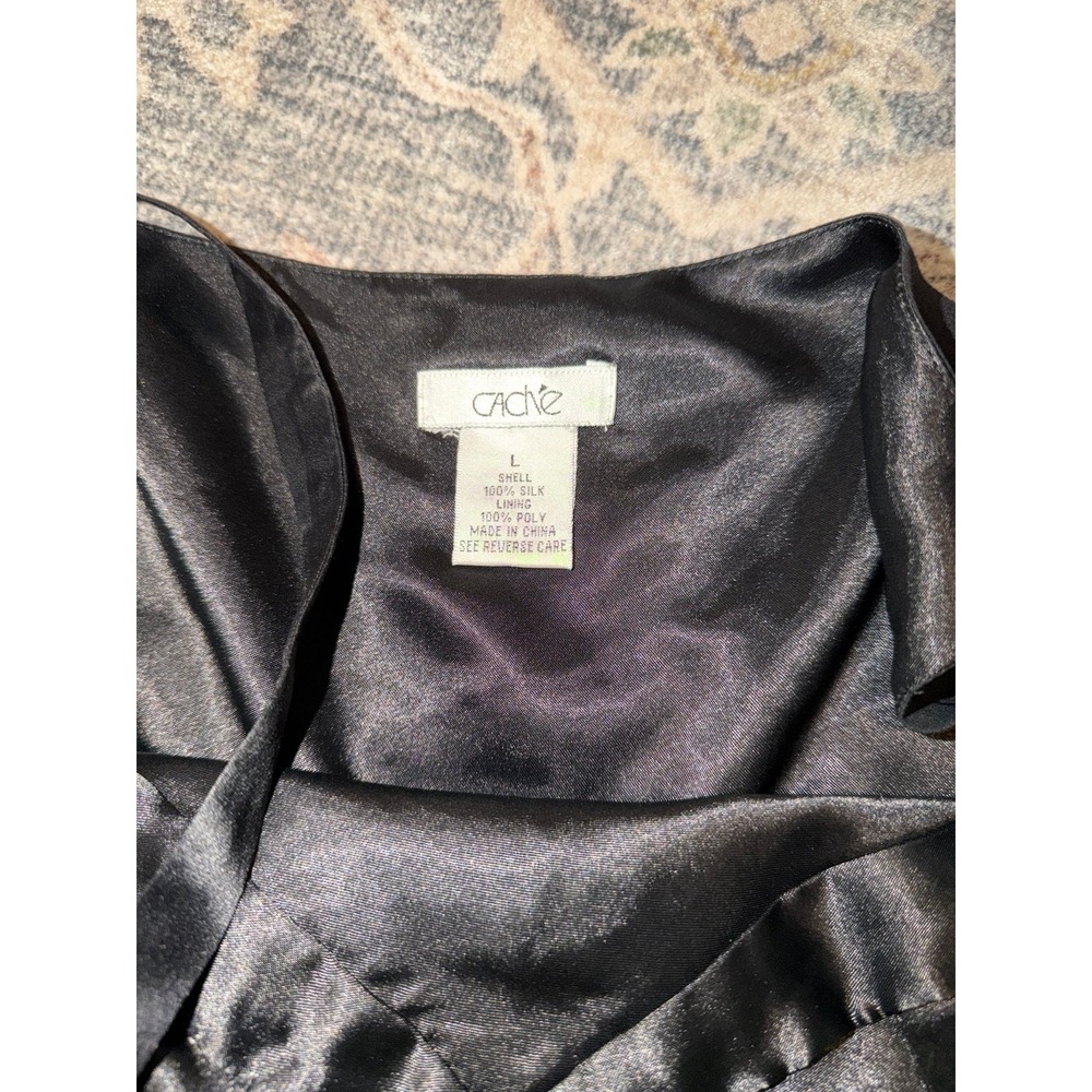 Vintage Cache Silk Black Beaded Cami Tank with Ribbon Tie Babydoll Style - Picture 3 of 4